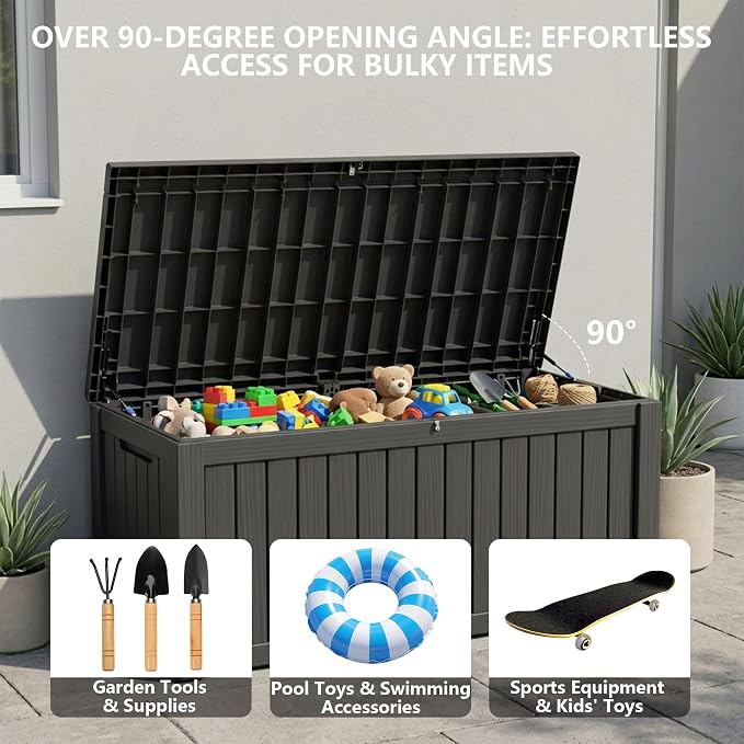 Outdoor Storage Box, 150 Gallon Waterproof Deck Box [Upgraded 3.1], Large Resin Storage with Hydraulic Gas Lifts for Cushions, Heavy Duty Lockable Bench Seat, Backyard Party, Black