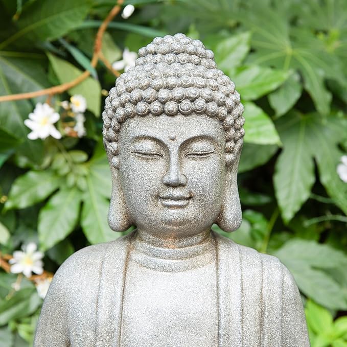 Glitzhome 28.25" Zen Buddha Fountain, Large Outdoor Water Fountain with LED Light, Polyresin Stone Powder Concrete Finish Meditating Buddha Statue for Garden Patio Yard Deck, 4 Warm LED Lights