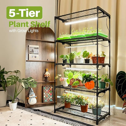 Plant Shelf with Grow Light, 5 Tier Plant Stand with Grow Light, Metal Plant Rack with 4 Pack 60W Plant Light for Indoor Plant, Seed Start, Seedling, Seed Trays, 17.7" W x 29.5" L x 59" H