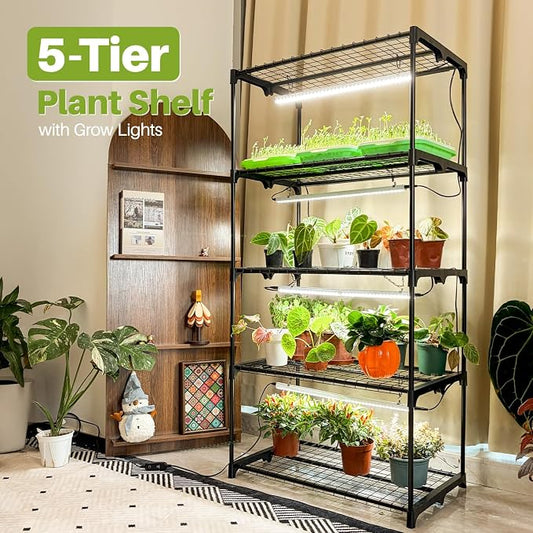 Plant Shelf with Grow Light, 5 Tier Plant Stand with Grow Light, Metal Plant Rack with 4 Pack 60W Plant Light for Indoor Plant, Seed Start, Seedling, Seed Trays, 17.7" W x 29.5" L x 59" H
