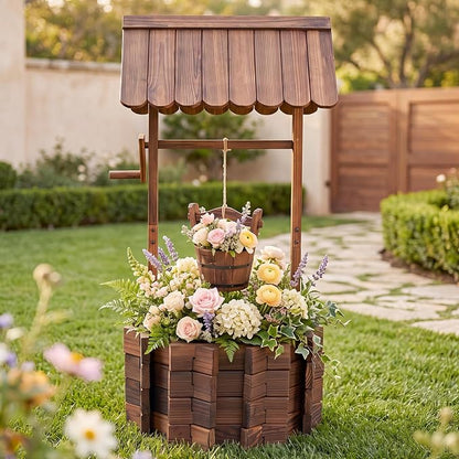 Aoxun Outdoor Wooden Wishing Well Planters with Hanging Bucket, Garden Helper, Rustic Garden Decor for Outside, Yard and Patio, Upgrade - Reinforced Base, Brown