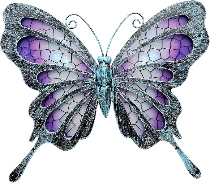 Hanging Purple Metal Butterfly Outdoor Decor Art, 11"×9.4" | Hanging glass & metal sculpture, indoor & outdoor decor, butterfly decoration for garden yard patio bathroom