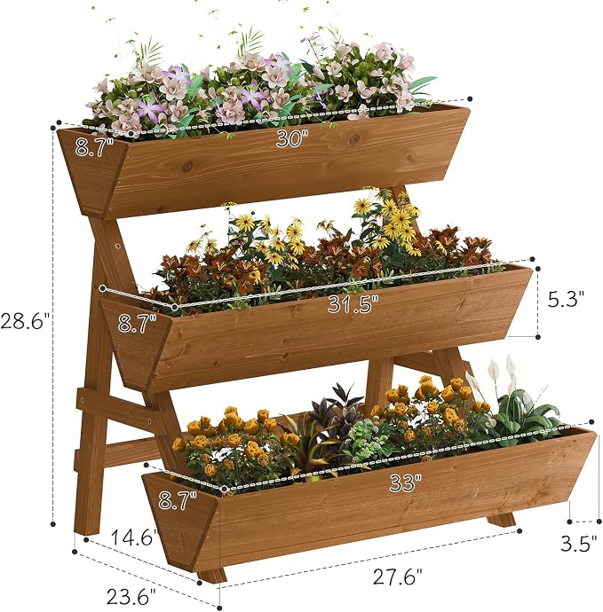 Kitsanery 3-Tiers Wooden Raised Garden Bed,Wood Planter Box for Vegetable,Flower Rack,Flower Pot Stands,Indoor Outdoor Gardening Planting Beds (Brown, Large)