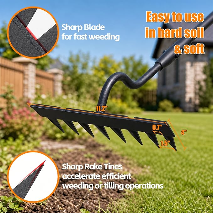 Weeding Rake, 11" Wide Manual Weeder Tool with Sharp Blade, 70" Heavy Duty Weed Puller Tool Stand Weed Remover Gardening Hand Tool for Lawn, Yard, Patio and Backyard, Weeding Loosening Soil