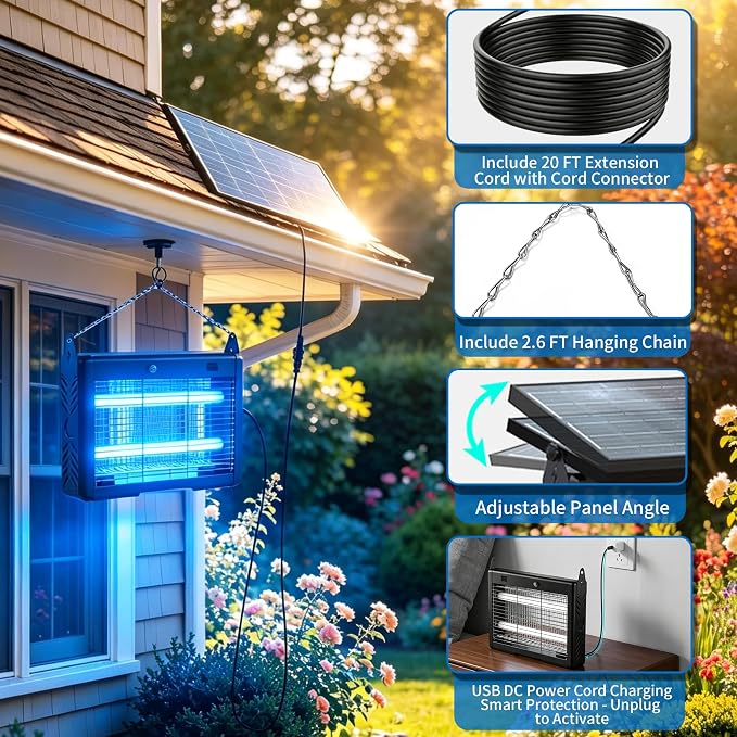 Solar Bug Zapper Outdoor Cordless, 7500mAh Battery | 365-395nm UV Light, IPX5 Waterproof, Dusk-to-Dawn Sensor, 1 Acre Coverage, Black, for Outdoor Indoor Use (14.5inch)