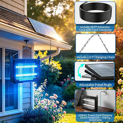 Solar Bug Zapper Outdoor Cordless, 7500mAh Battery | 365-395nm UV Light, IPX5 Waterproof, Dusk-to-Dawn Sensor, 1 Acre Coverage, Black, for Outdoor Indoor Use (14.5inch)
