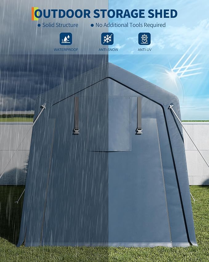 6x6 ft Outdoor Storage Shed, Portable Carport with Roll-up Ventilated Zipper Door and Windows, Heavy Duty Waterproof Tarp, Storage Sheds for Motorcycle, Bike, Firewood, Garden Tools