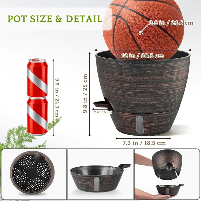 ZMTECH 12 Inch Self Watering Pots for Indoor/Outdoor Plants, 2 Pack Bronze Large Plastic Planter with Water Level Indicator, Drainage Hole & Removable Saucer for Garden Flowers, Deco Plant Container