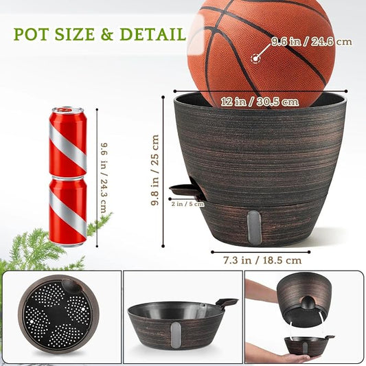 ZMTECH 12 Inch Self Watering Pots for Indoor/Outdoor Plants, 2 Pack Bronze Large Plastic Planter with Water Level Indicator, Drainage Hole & Removable Saucer for Garden Flowers, Deco Plant Container