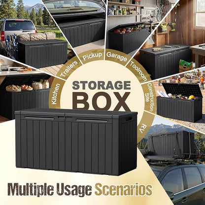 110 Gallon Deck Box Outdoor Indoor Waterproof Storage Box for Patio Furniture, Pool Accessories, Garden Tools, and Cushion Storage, Black