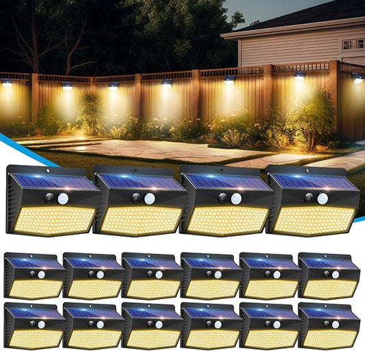 Peasur 16 Packs Solar Outdoor Lights Motion Sensor Solar Security Light Waterproof with 3 Lighting Modes Solar Powered Wall Lights Outside for Garden Fence Yard, Warm White