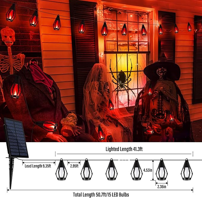 iBaycon 42Ft 15 LED Solar Flame Halloween String Lights, Red | Ultra-Real Flickering Flame Lamp Outdoor Waterproof, Solar Patio String Lights for Garden Yard Lawn Halloween Decorations