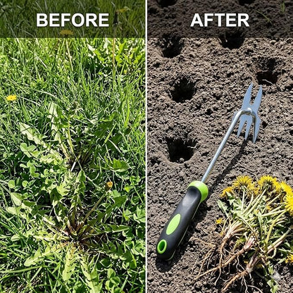 2-in-1 Stainless Steel Hand Weeder, Ergonomic Gardening Tool for Creeping Weeds & Narrow Spaces, Rust-Proof with Four-Tooth Cultivator & Forked Tip (Green)