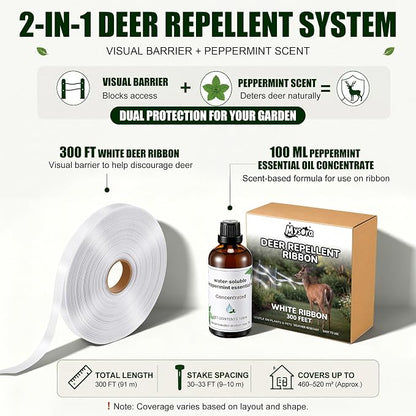 Deer Fence, Deer Tape and Deers Repellent for Plants, 300Ft Deers Ribbon with 100ml Natural Peppermint Spray Concentrate, Dual Action Visual & Scent Garden Barrier for Yard, Orchard, Vegetables