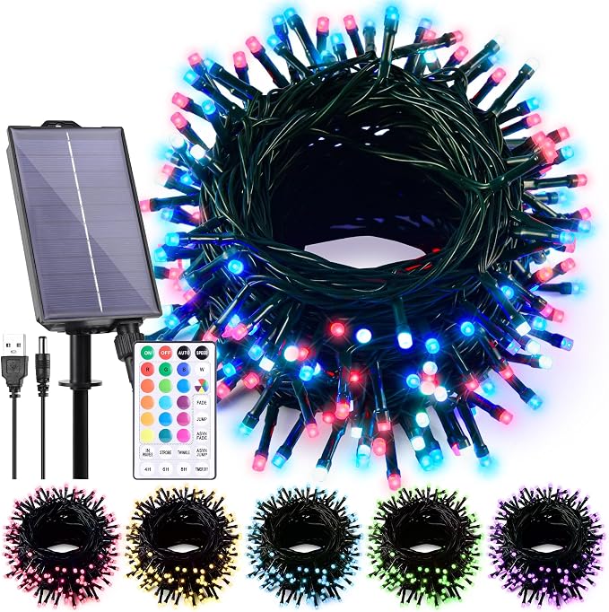 Solar String Lights Outdoor Waterproof 40Ft, 18 Colors Changing 100 LED Christmas Lights Solar Powered & USB with Remote, RGB Fairy Lighting for Outside Tree Fence Party Indoor Halloween Decor