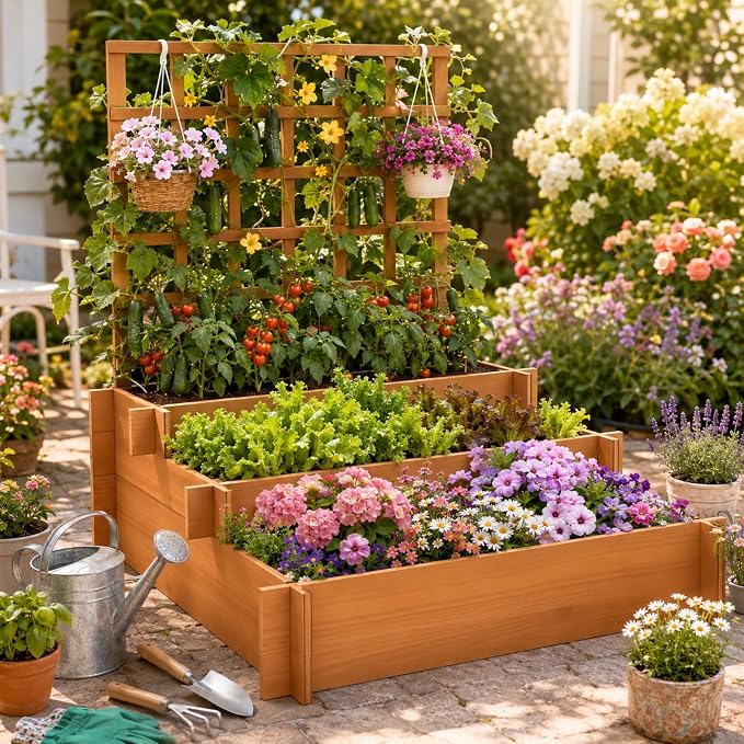 43" 3-Tier Fir Wood Raised Garden Bed with Trellis for Vegetables | Fir wood raised bed with trellis, non-woven liners, and 3 growing tiers for climbing veggies, herbs, flowers, or vines