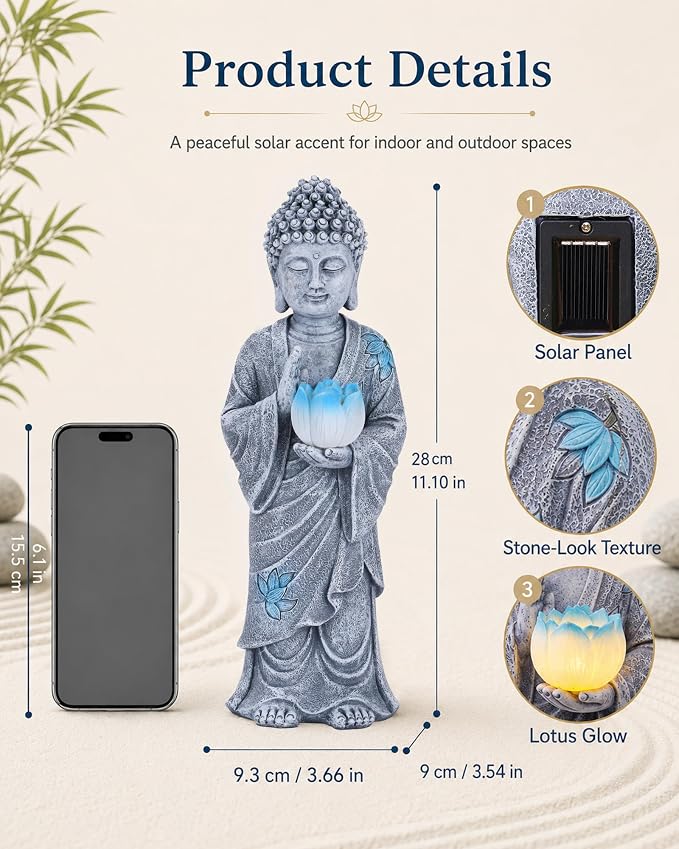 Nacome Solar Buddha Garden Statue Decor: Standing Resin Figurine with Lotus Flower Light Zen Sculpture for Patio Lawn Yard Porch Balcony Meditation Space - 11 inches(Gray)