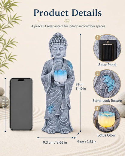 Nacome Solar Buddha Garden Statue Decor: Standing Resin Figurine with Lotus Flower Light Zen Sculpture for Patio Lawn Yard Porch Balcony Meditation Space - 11 inches(Gray)