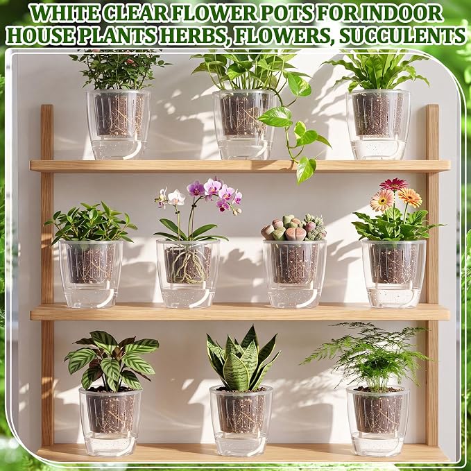 24 Pcs Self Watering Pots, 5.1 Inch Plastic Plant Pot with Inner Pot Self Watering Wick Planter Pots for Indoor House Plants, Flowers, Succulents (Transparent)