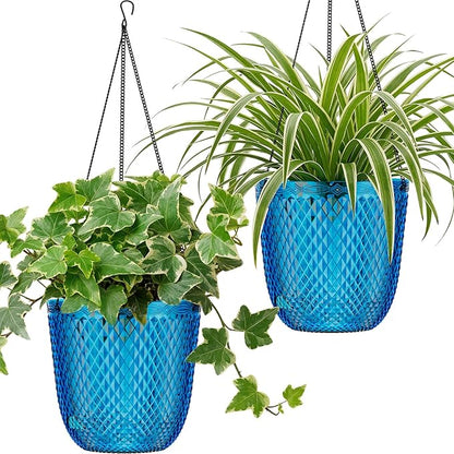 QCQHDU Hanging Planters for Indoor Plants, 2-Pack, 7.2 Inch, Klein Blue | Plastic, Self Watering Plant Hanger, with Drainage Holes, 3 Hooks Chains, For Garden Home