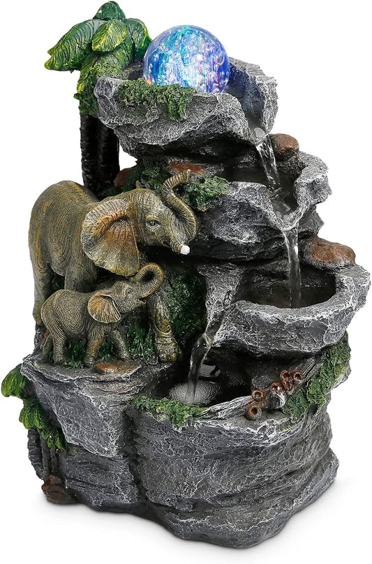 Dyna-Living Elephant Fountain Tabletop Waterfall Fountain Indoor with LED | Colorful Light Water Fountains and Waterfalls with Rolling Ball, Quiet Pump with OFF/ON Switch, Zen Home & Office Desk Décor