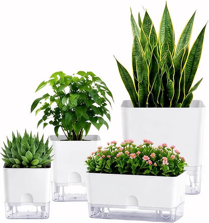 FAMZ Self Watering Pots for Indoor Plants 4 Pack White Self Watering Planters with Water Reservoir and Cotton Wick System, Bottom Watering Plant Pots for African Violet Herbs Small Indoor Plants