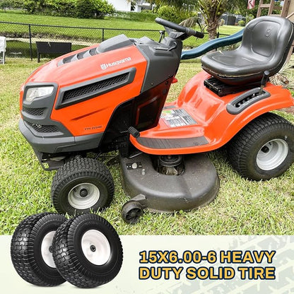 2 PCS 15x6.00-6 Flat Free Lawn Mower Tire and Wheel, 15x6-6 Front Tire Assembly Compatible with John Deere Husqvarna Riding Mowers Lawn Tractors, with 3/4" & 5/8" Bearings, 3" Centered Hub