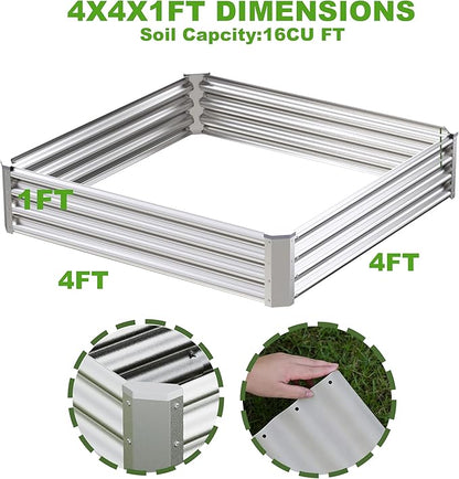 4x4x1ft-2PCS Raised Garden Bed Kit, Galvanized Planter Garden Boxes Outdoor, Metal Raised Garden Beds for Vegetables,Fruits, Flower,Silver