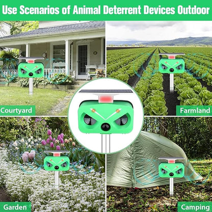 Solar Animal Repeller Ultrasonic,Cat Repellent Outdoor with Motion Detection and LED Flashing Light and Sound,Waterproof Ultrasonic Deer Repellent Repel Dog,Squirrel,Deer, Raccoon,Skunk,Rabbit