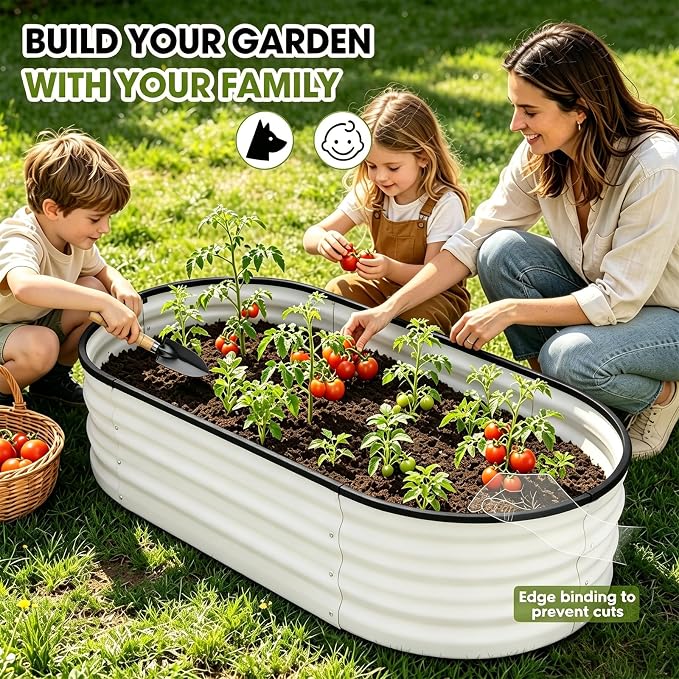 4x2x1ft(2 Pack) Galvanized Raised Garden Bed Outdoor, Oval Large Metal Planter Garden Boxes for Gardening, Planting Deep Root Vegetables, Herbs, Fruits, Flower, Rustproof, Rubber Strip, White