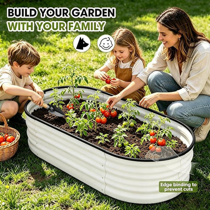4x2x1ft(2 Pack) Galvanized Raised Garden Bed Outdoor, Oval Large Metal Planter Garden Boxes for Gardening, Planting Deep Root Vegetables, Herbs, Fruits, Flower, Rustproof, Rubber Strip, White