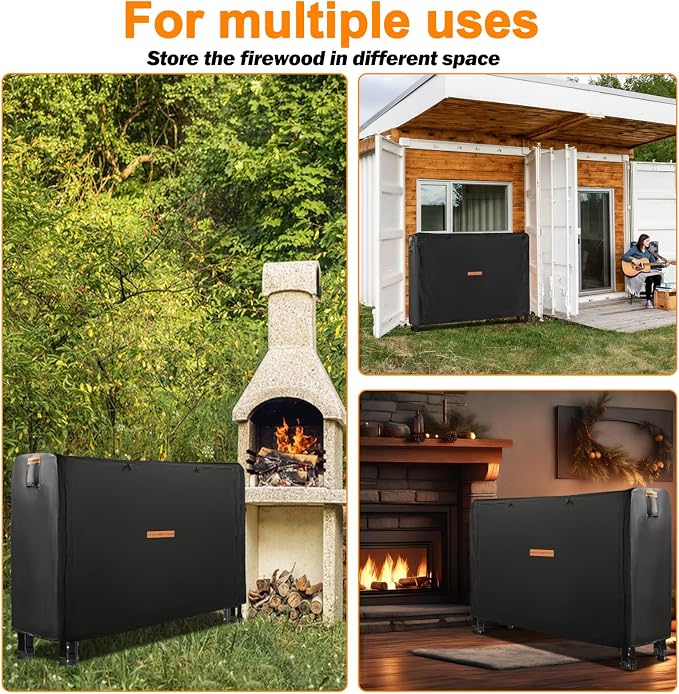 DOCEPERT 8 FT Outdoor Firewood Rack Cover (Log Rack not Included) - Waterproof Zippered Firewood Storage Cover with Openable Front Flap, 420D Oxford Fabric, Fits 96"X24"X49" Wood Racks, Black