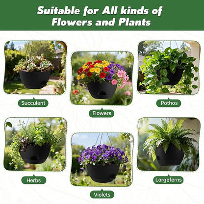 3-Piece Set of 10-Inch Hanging Planters with Automatic Watering System and Drip Tray, Includes Metal Chain, Suitable for Various Indoor and Outdoor Plants and Flowers,Black