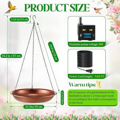 24.8 Extra Large Hanging Bird Bath with 8W Fountain Pump, 14" Copper Metal Bird Bath Bowl with Adjustable 3 Water Flow Modes and 2 Spray Nozzles, Birdbath Feeder for Outdoor Garden Backyard Patio Lawn