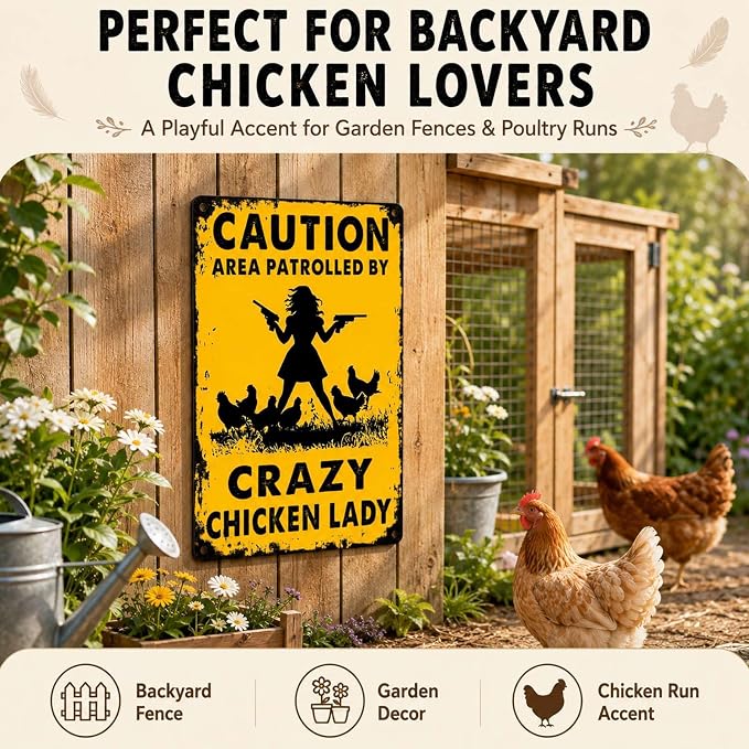 PEACHGARDEN Chicken Coop Signs for Outside, Crazy Chicken Lady Aluminum Metal Sign, Funny Hen House Warning Plaque, Backyard Garden Farmhouse Wall Art Decor, 8x12 Poultry Lover Gift