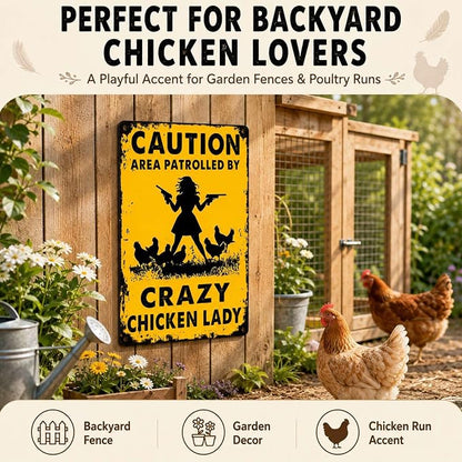 PEACHGARDEN Chicken Coop Signs for Outside, Crazy Chicken Lady Aluminum Metal Sign, Funny Hen House Warning Plaque, Backyard Garden Farmhouse Wall Art Decor, 8x12 Poultry Lover Gift