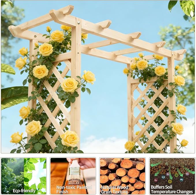 Vasitelan Raised Garden Bed with Trellis, Wooden Elevated Planter Box w/Drainage Holes & Removable Bottom Panels for Climbing Vine Flower, Indoor Outdoor Wood Planter for Yard Patio (Natural)