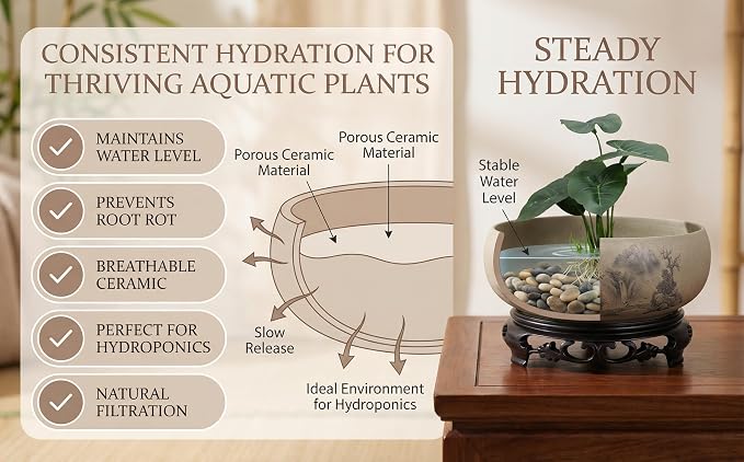Water Lily Bowl Planter - Narcissus Bonsai Pot Ceramics Hydroponic Lotus Planter Ceramic Water Lily Pot with Stand No Drainage Plant for Plants Display Lucky Bamboo Home Garden Chinese Fish Bowl