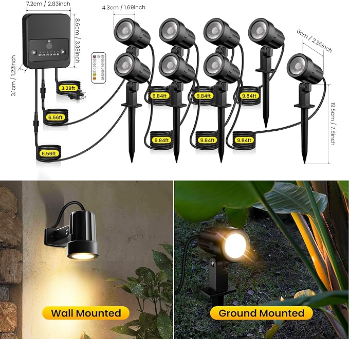 Outdoor Landscape Lighting, Landscape Spotights with Remote Control for Yard Dimmable IP66 Waterproof 2700-6500K Spot Lights Outdoor for Small Garden Patio with US Plug 8 Pack