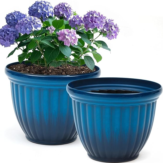 2-Pack 15" Gradient Blue Plastic Outdoor Flower Pots with 3D Texture | Set of 2 PP planters with faux ceramic look, 3D texture, drainage plugs, and UV-treated finish for patio or porch