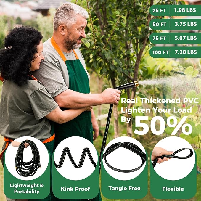 Garden Hose 100 ft Water Hose Flexible Heavy Duty Lightweight No Kink Long Outdoor Non-Expandable High Pressure Flat Hoses Pipe 100’ Strong 3/4’’ Brass Fitting for Outside Yard Lawn