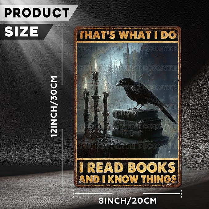 Book Nook Decor Metal Sign Library Sign Vintage Crows Read Book I Know Things Tin Sign for Office Study Library 12 * 8inch