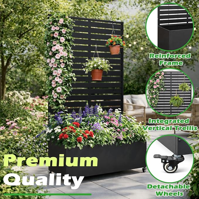 Metal Planter Box with Trellis, 43” L x 16” W x 71” H Raised Garden Bed with Wheels, Privacy Planters for Patio, Metal Planter Box with Drainage Holes, Black