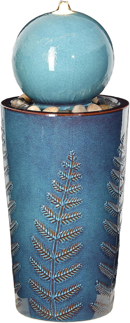 29.5" H Ceramic Sphere Water Fountain with LED Light, Modern Nature-Inspired Design, Teal Blue Glaze with Leaf Patterns & Decorative Pebbles, Soothing Water Feature for Patio, Yard or Garden