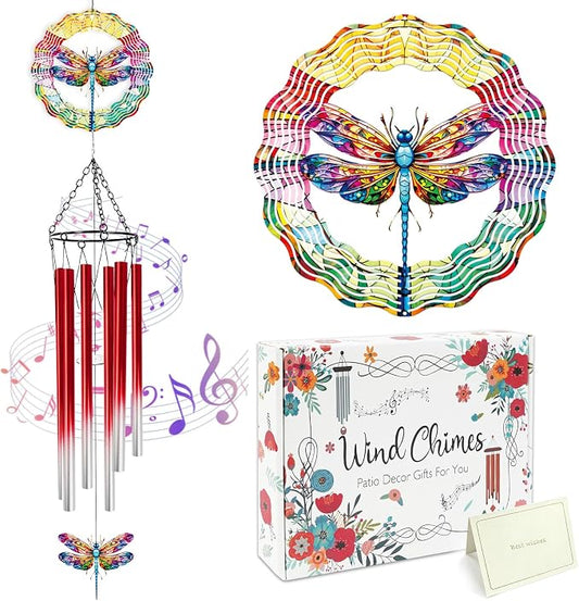 Dragonfly Wind Chimes for Outside with Wind Spinner, Outdoor Summer Garden Patio Yard Porch Decor, Colorful Dragonfly Wind Chime with Gift Box, Birthday Housewarming Gifts for Women Mom