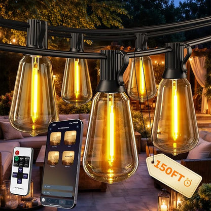 Outdoor String Lights, 150 FT Patio Lights for Outside, Smart App & Remote Control with Timer, Dimmable with 4 Scene Modes, Warm White Waterproof LED Bulbs for Garden, Yard and Backyard Decor