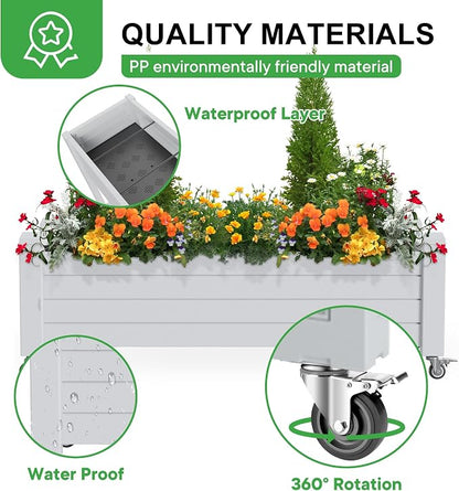 PatioZen Raised Garden Bed with Wheels, 21 Gallon Self-Watering Outdoor Raised Planter Box with Drainage Plug & Gauge for Vegetables Flowers Herbs, Rustproof Resin for Backyard Patio Porch (Ashen)