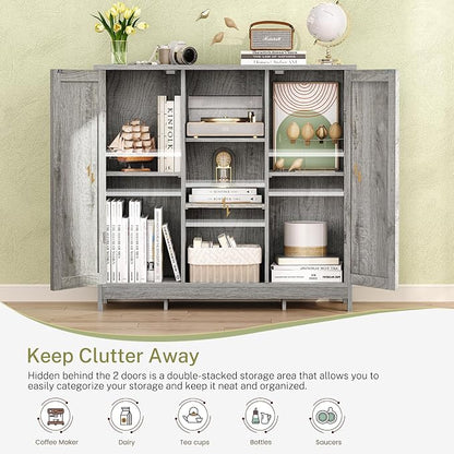 Iwell Storage Cabinet with 2 Doors and 4 Adjustable Shelves, Buffet Cabinet with Storage, Floor Cabinet for Living Room, Entryway, Kitchen, Rustic Gray