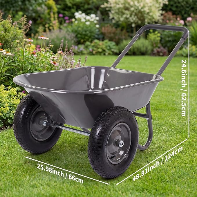 Garvee Wheelbarrow Garden Cart, Heavy Duty Home Utility, Dual-Wheel Home Garden Yard Utility Wheelbarrow Cart with Built-in Stand,(Grey)