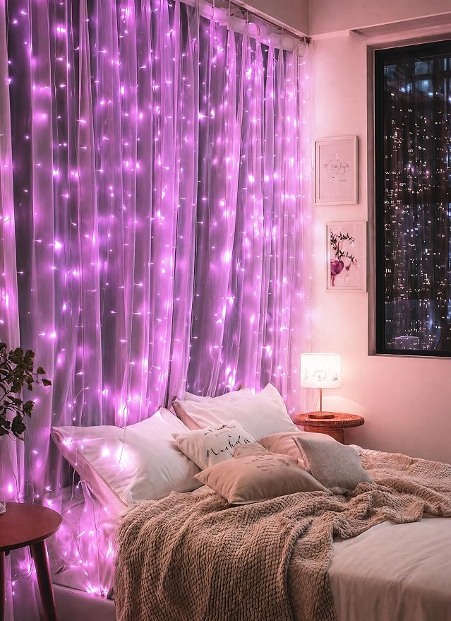 Brightown 300 LED Pink Fairy Curtain Lights, 9.8ft x 9.8ft String Lights | USB Plug in 8 Lighting Modes Christmas String Hanging Lights with Remote for Bedroom Indoor Outdoor Xmas Valentine's Day